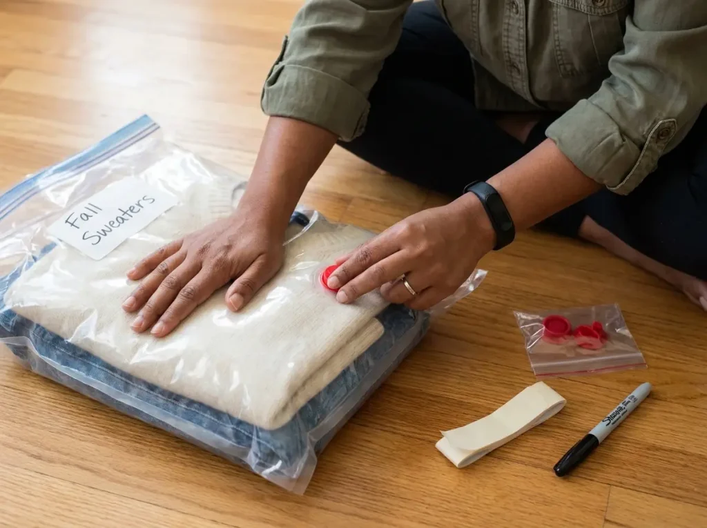 Hands pressing re-inflated vacuum storage bag checking valve for air leak under bed storage troubleshooting