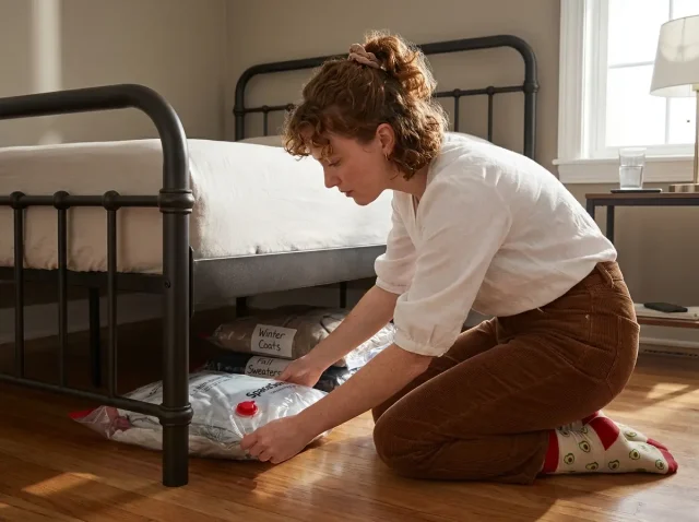 Irish woman pulling SpaceSaver vacuum storage bag from under metal bed frame showing under-bed storage in use