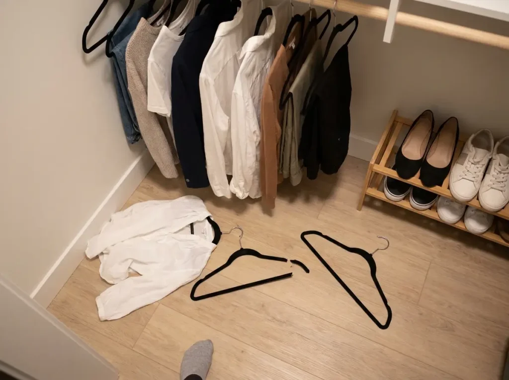 5 Slim Hangers Tested — One Freed 11 Inches of Rod 3 Broken black velvet hanger at the bottom of a closet showing common failure point at the neck