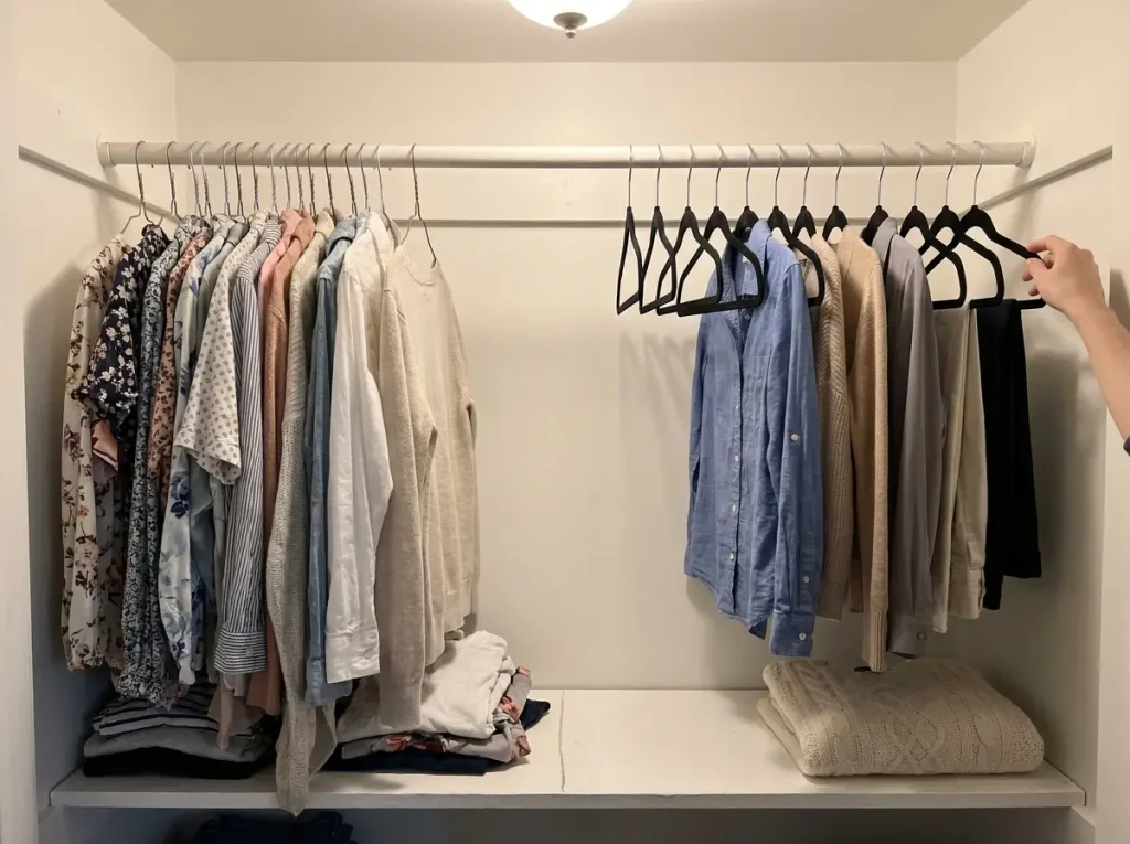 Why Budget Closet Makeovers Always Revert 3 Closet rod comparison — wire hangers crowded on left, slim velvet hangers with visible space on right