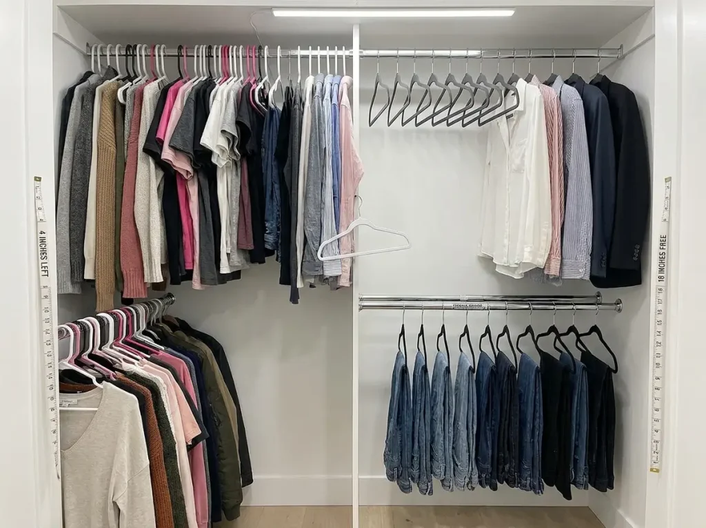 Before and after closet rod with plastic hangers replaced by velvet hangers and double rod added below