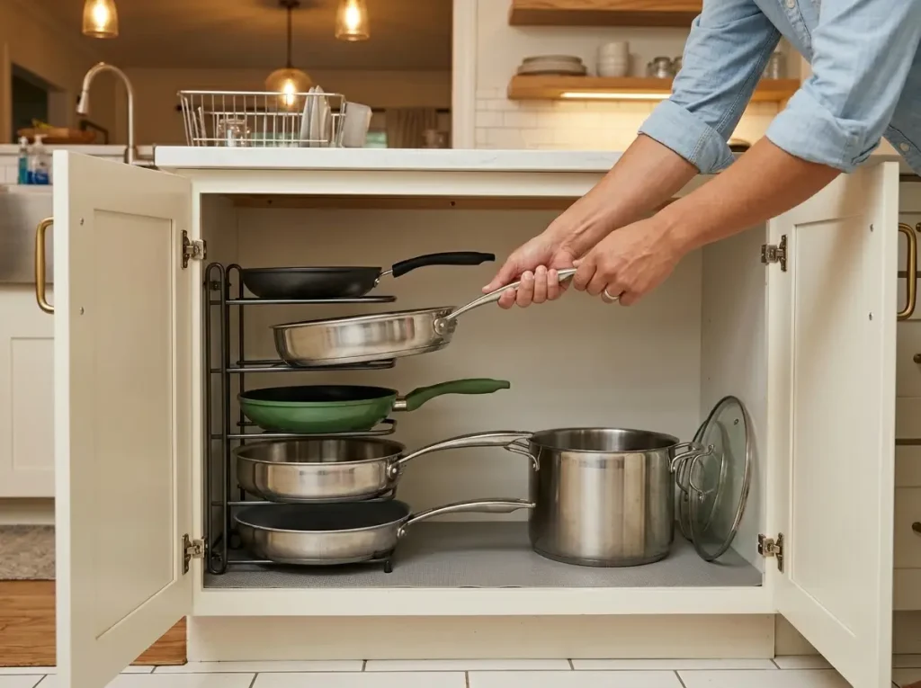 Vertical pan organizer in lower kitchen cabinet, hand reaching for pan without moving others