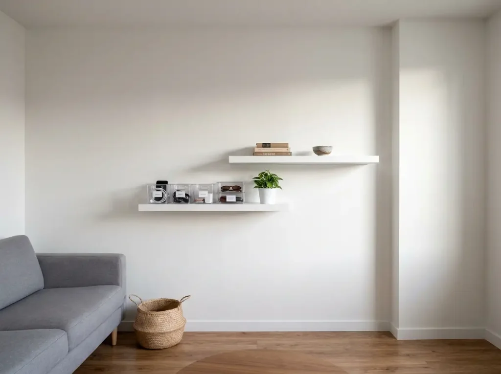 Small apartment living room showing vertical storage zones mapped on wall with daily weekly and seasonal sections