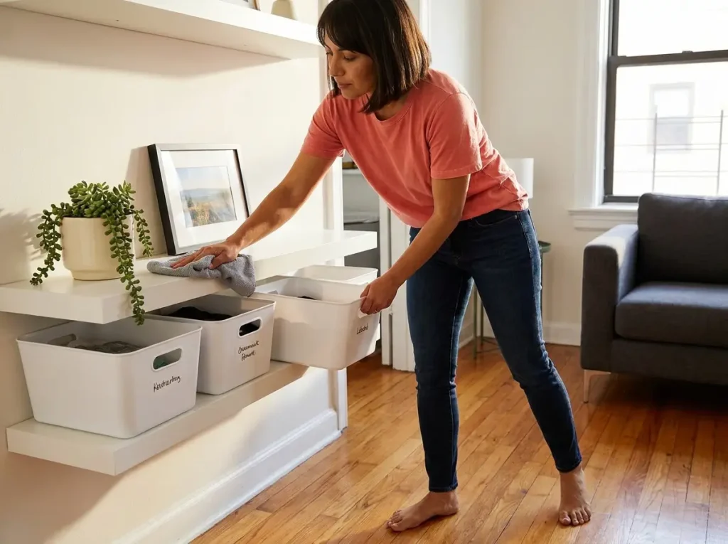 Woman wiping floating shelf in apartment as part of vertical storage monthly reset routine