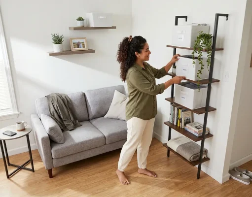 Vertical Storage Ideas for Apartments That Last Vertical storage ideas for apartments — small living room with floating shelves and narrow bookshelf