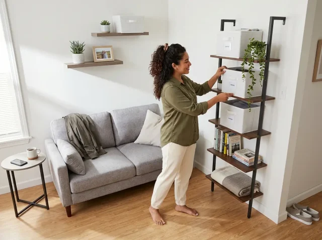 Vertical storage ideas for apartments — small living room with floating shelves and narrow bookshelf