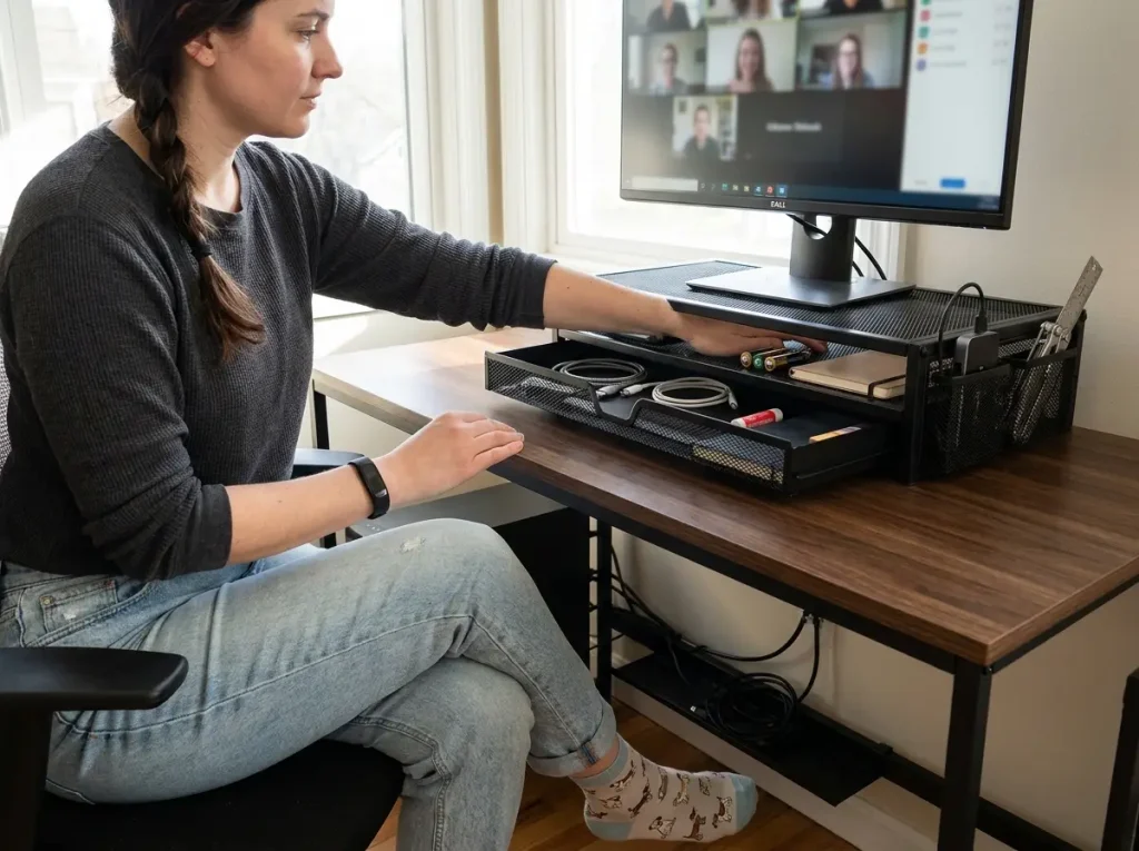 German American woman pulling open storage drawer on WALI monitor riser at ergonomic home office desk