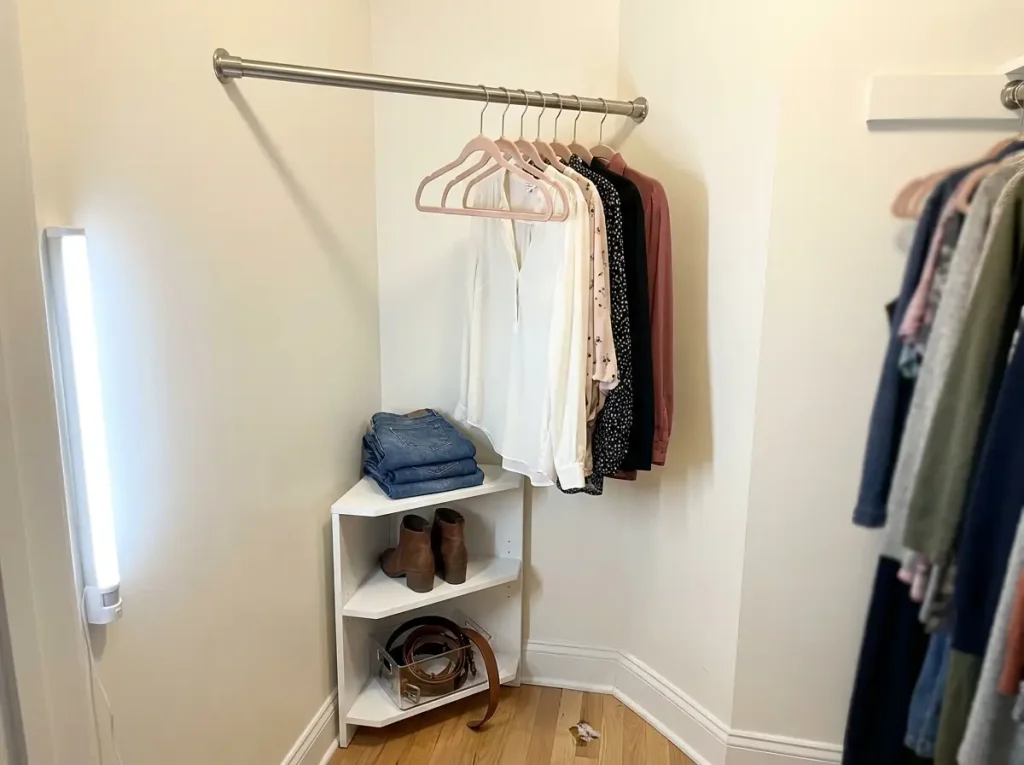 How to Organize a Walk-In Closet by Zones 6 Walk-in closet corner with angled rod and LED light bar solving dead space