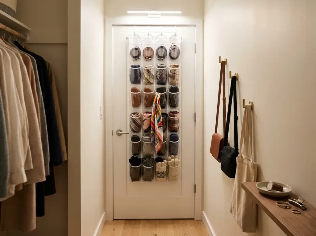 How to Organize a Walk-In Closet by Zones 9 Walk-in closet door area with over-door shoe organizer and wall hooks for bags