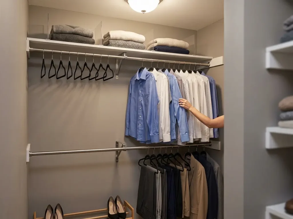 How to Organize a Walk-In Closet by Zones 8 Walk-in closet double hanging rod section with shirts above and pants below