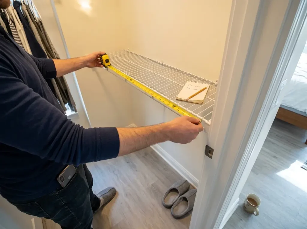 How to Organize a Walk-In Closet by Zones 3 Person measuring walk-in closet depth with tape measure for organization planning