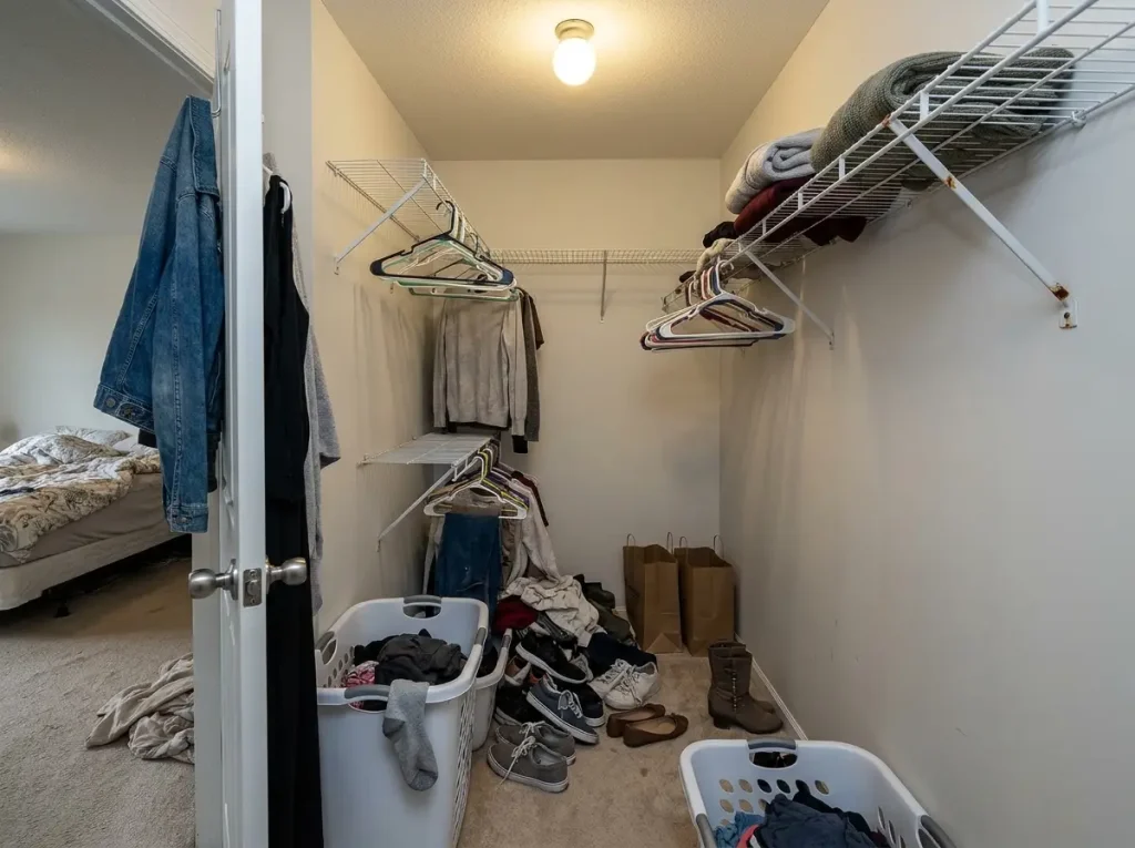 How to Organize a Walk-In Closet by Zones 1 Messy walk-in closet with clothes on floor and disorganized shelves