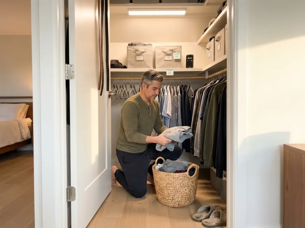 How to Organize a Walk-In Closet by Zones 11 Person straightening walk-in closet zone with donation basket and backward hangers