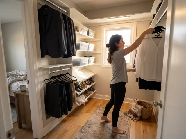walk-in-closet-organization-ideas-hero Walk-in closet organized by zones with clothing shoes and accessories in place