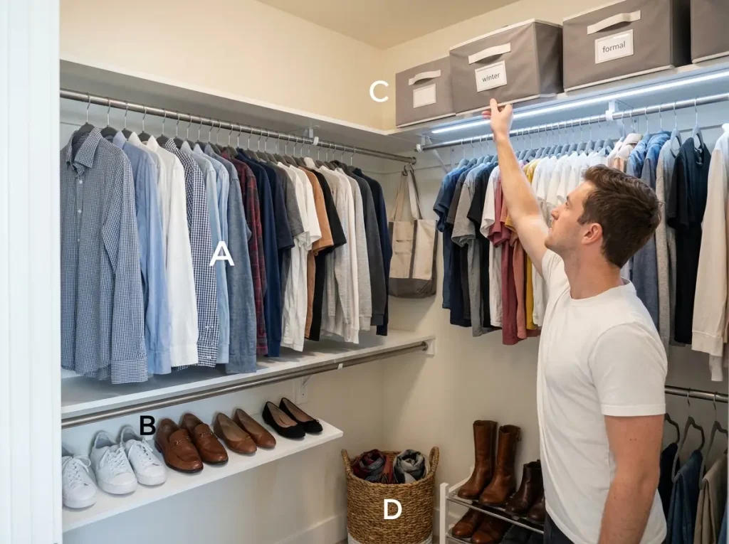 How to Organize a Walk-In Closet by Zones 5 Walk-in closet organized into visible zones with daily wear shoes and storage bins