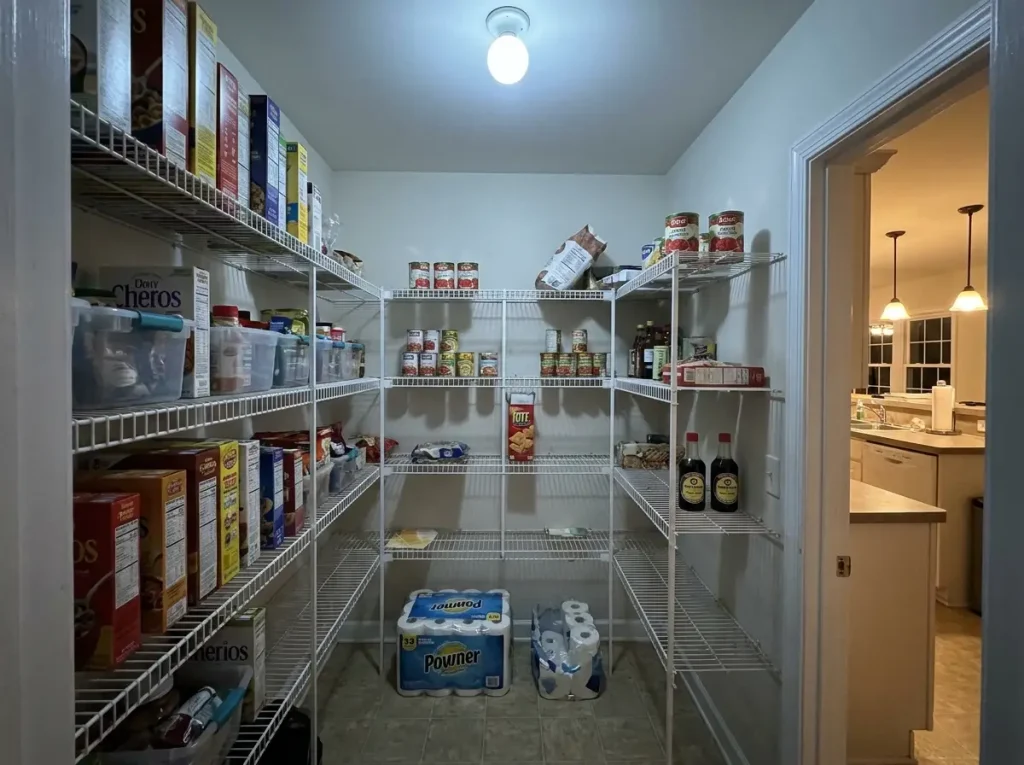 Cluttered walk-in pantry with expired cans on deep back shelves and overstocked bins