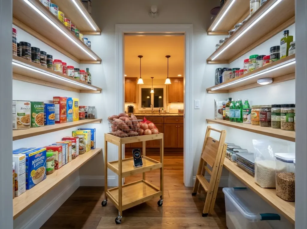 Walk-in pantry with under-shelf LED strips glowing and rolling cart on floor