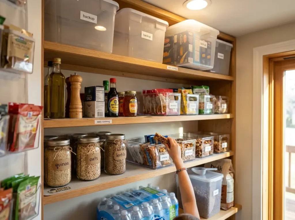 Walk-in pantry shelves with labeled zones showing baking, snacks, and everyday essentials