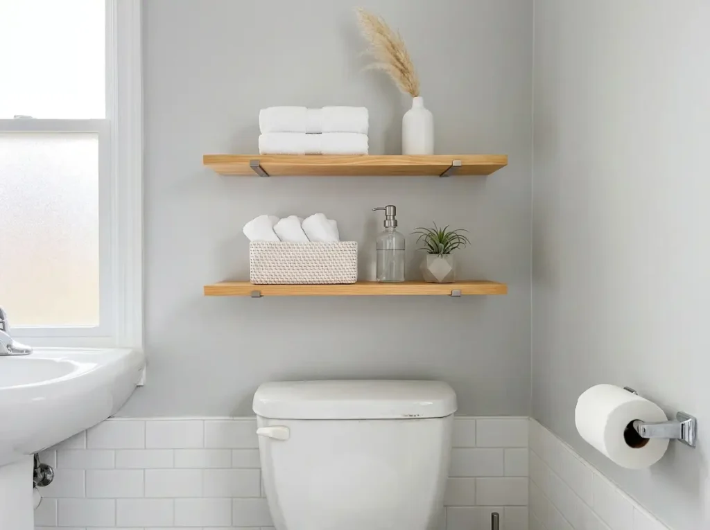 Two no-drill floating shelves mounted above toilet in small rental bathroom