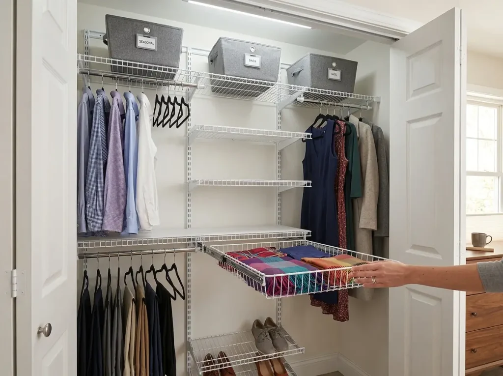 ClosetMaid wall-mounted wire closet system with adjustable shelves and hanging rods