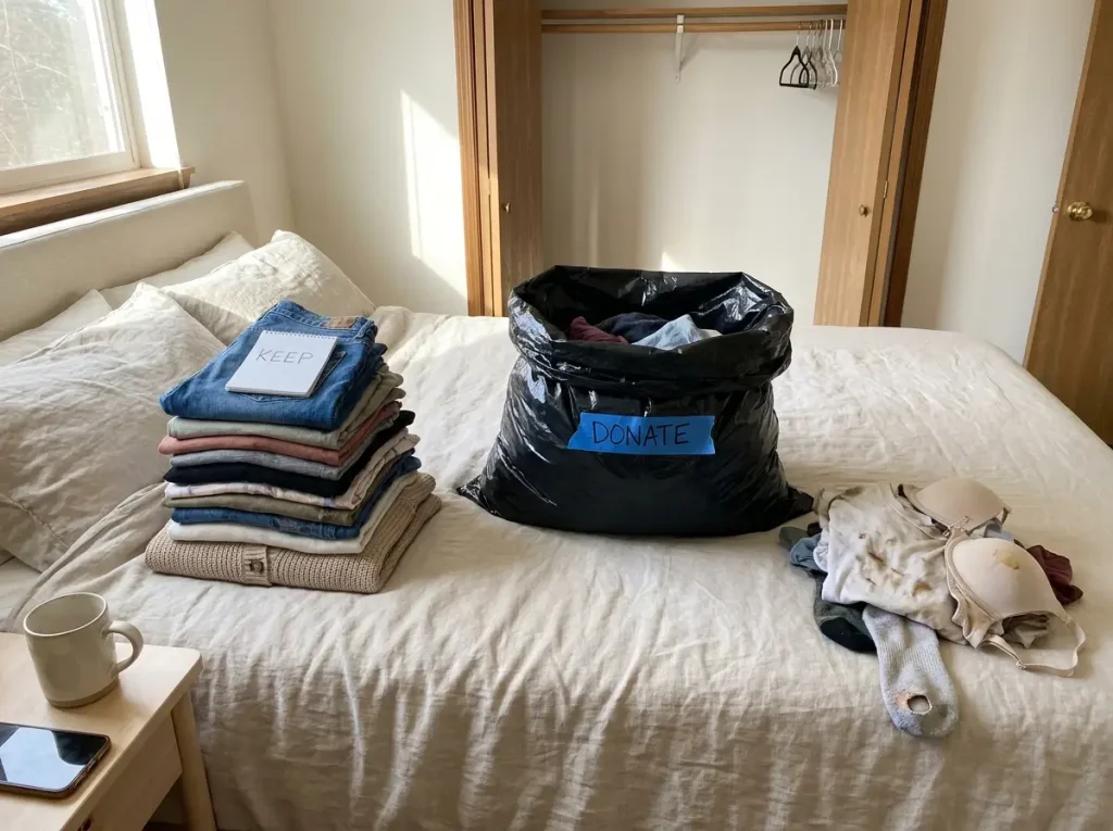 Three clothing piles on bed for wardrobe edit before organizing closet without dresser