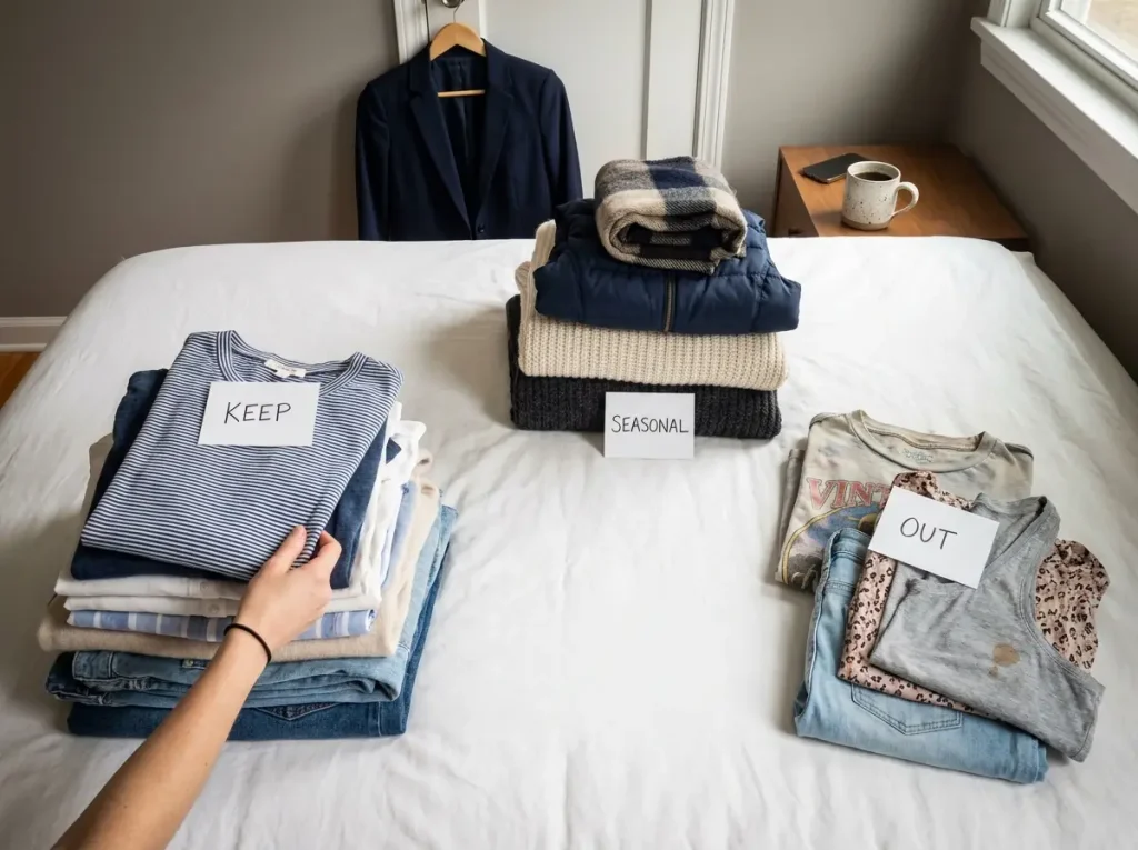 Too Many Clothes? How to Organize a Closet That Stays Neat 3 Three piles of clothes sorted on a bed during a closet wardrobe edit