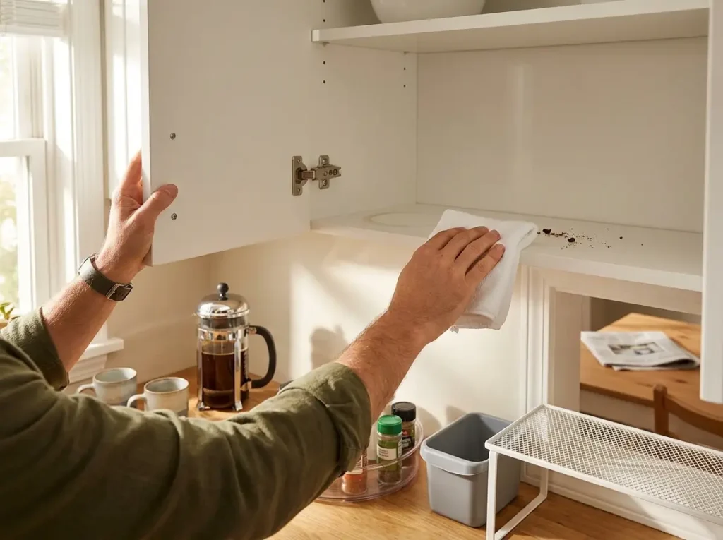 Person wiping kitchen cabinet shelf during weekly organization reset routine