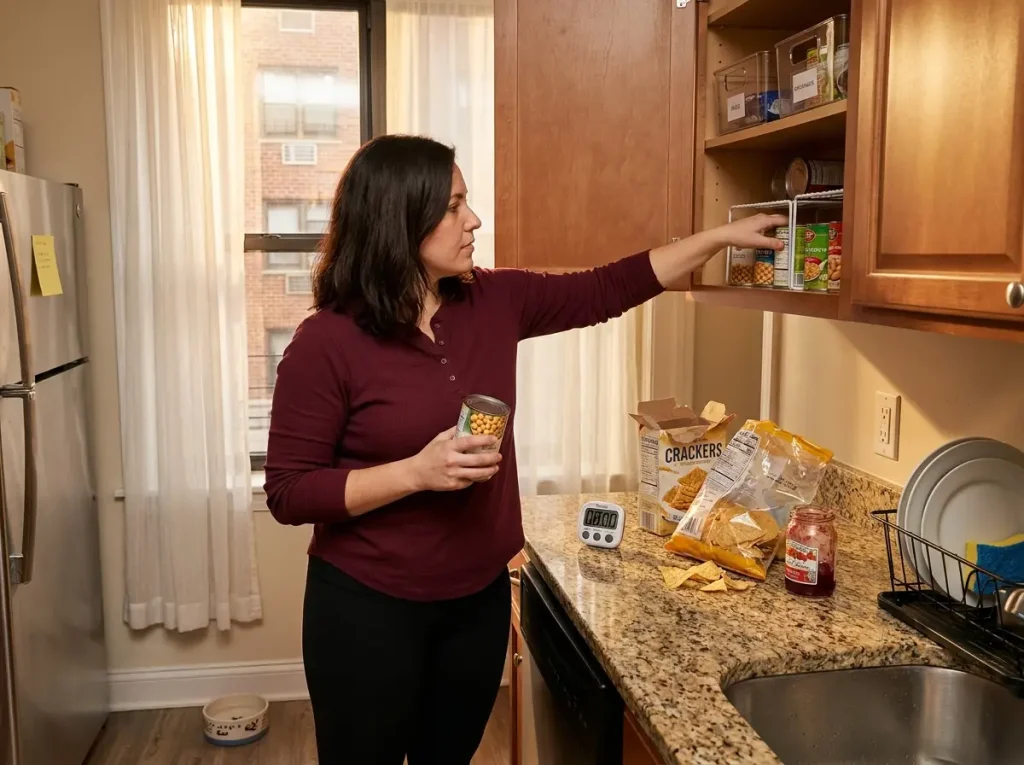 Woman doing quick weekly kitchen cabinet reset checking labels and rotating cans