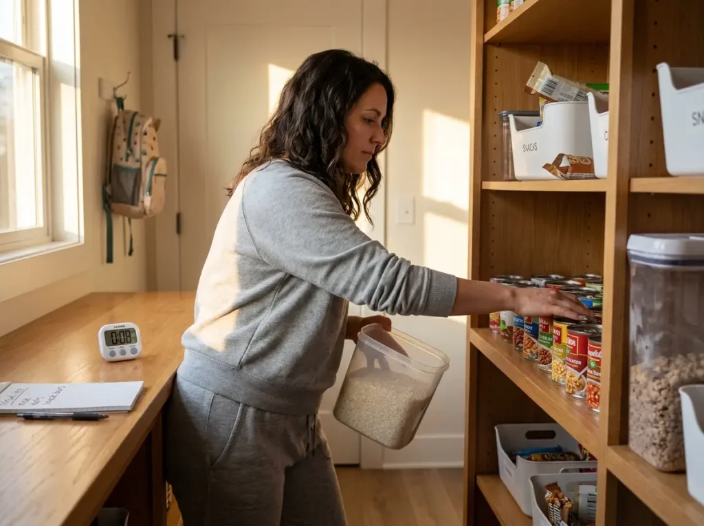 Pantry Organization That Works After the First Week 14 Person doing a quick pantry reset pushing items forward and checking containers
