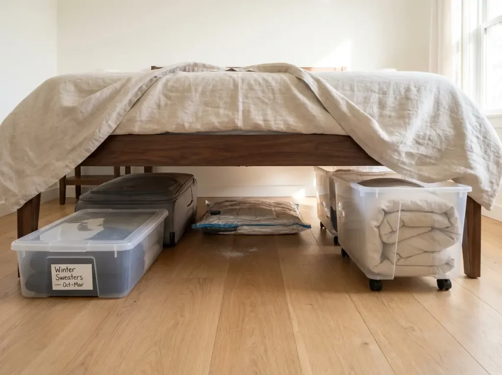 Organized under-bed zone with seasonal clothing bins and luggage stored flat