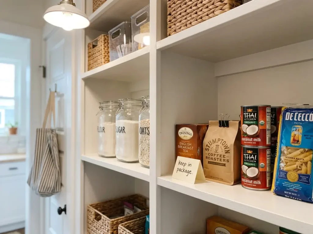 Pantry shelf with items left in original packaging next to decanted containers showing practical comparison
