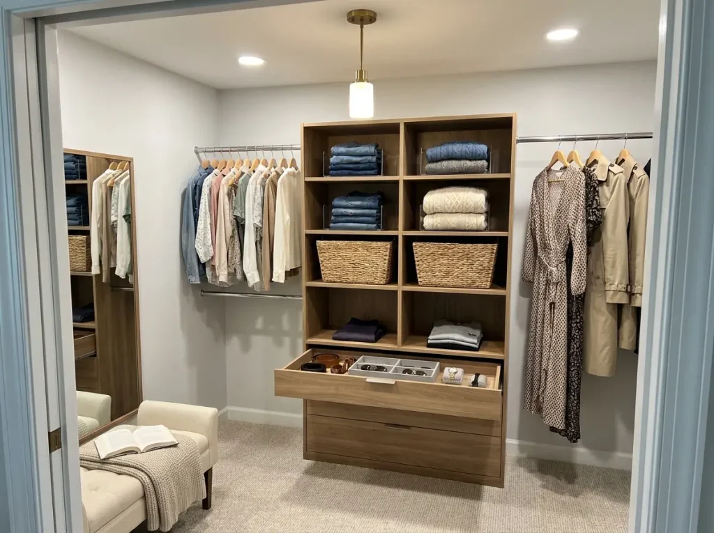 Wood-laminate closet tower system with shelves drawers and hanging rods