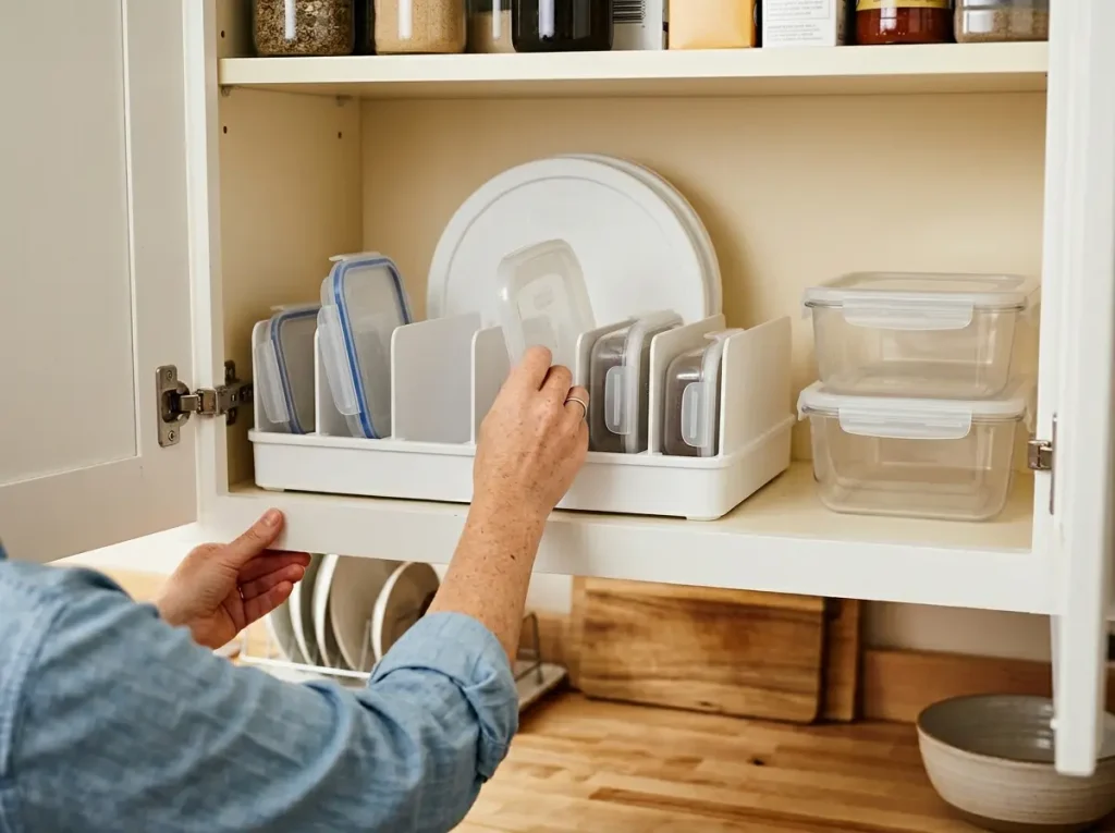 YouCopia StoraLid container lid organizer in upper kitchen cabinet with lids standing vertically