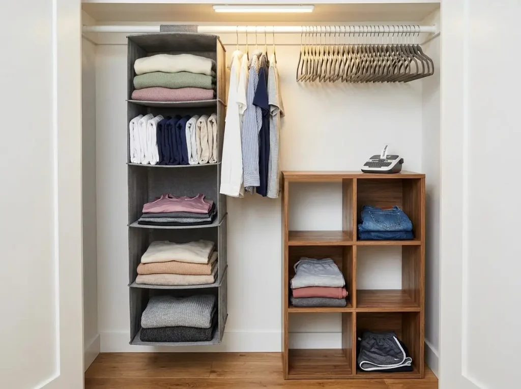 YOUDENOVA hanging closet organizer with file-folded t-shirts and AWTATOS cube organizer on floor