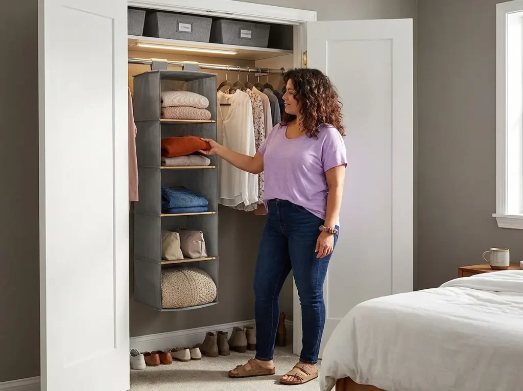 Colombian woman using YOUDENOVA 5-shelf hanging closet organizer to retrieve folded sweater apartment closet