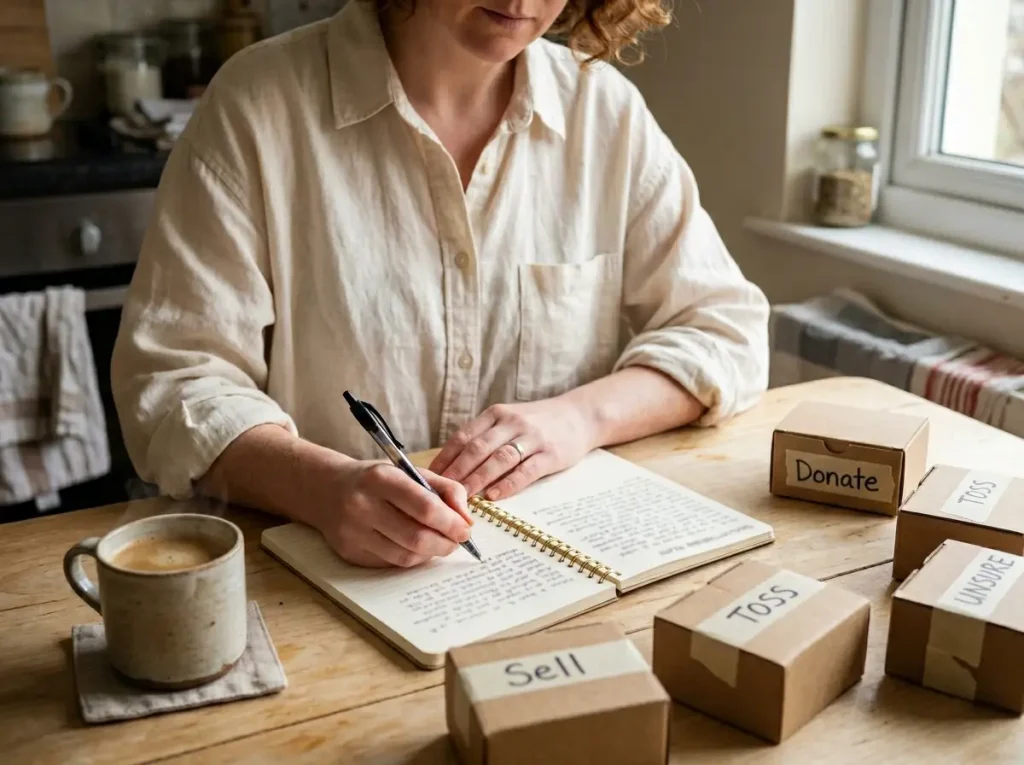 Hand writing a detailed decluttering commitment in a notebook beside four staging bins