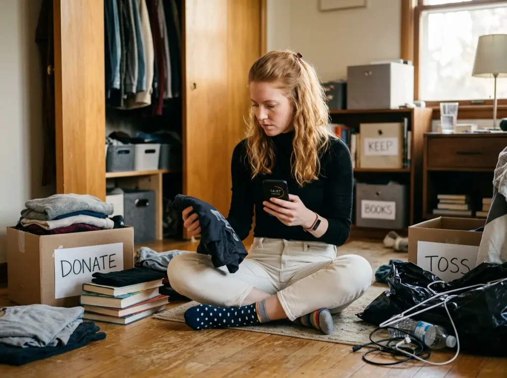 Why Your 30-Day Decluttering Challenge Fails by Day 15 5 Woman sitting on bedroom floor mid-challenge surrounded by sorted items, phone timer visible