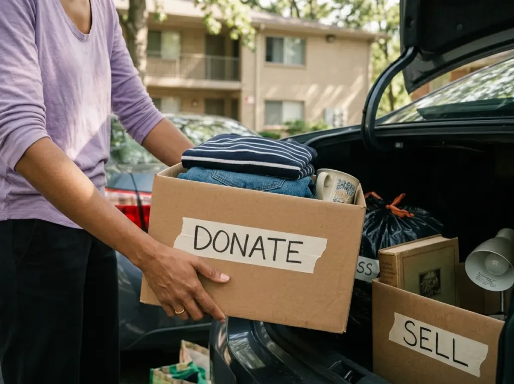 Why Your 30-Day Decluttering Challenge Fails by Day 15 7 Hand loading a labeled donation box into car trunk, items being removed from apartment for good