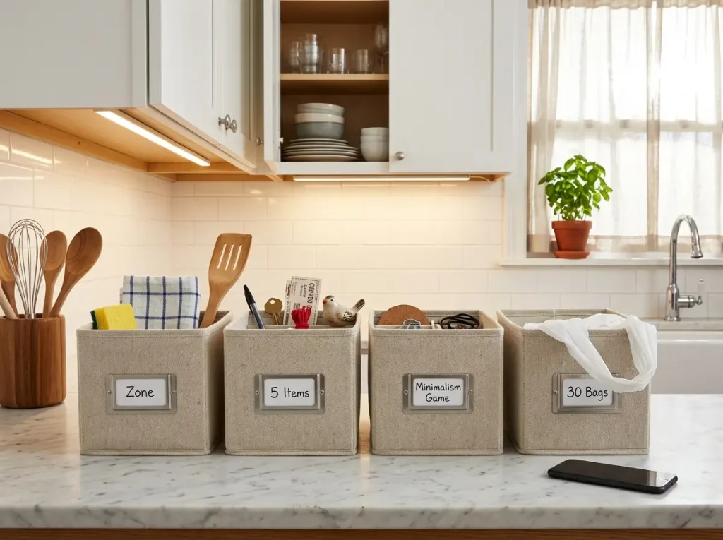 Why Your 30-Day Decluttering Challenge Fails by Day 15 1 Four labeled bins representing different 30-day decluttering challenge formats arranged on a kitchen countertop