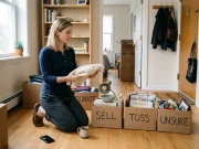Why Your 30-Day Decluttering Challenge Fails by Day 15 Woman in decluttered living room sorting items into four labeled cardboard boxes, 30-day challenge setup