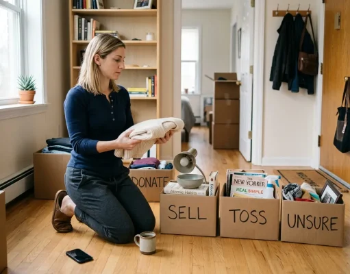 Why Your 30-Day Decluttering Challenge Fails by Day 15 Woman in decluttered living room sorting items into four labeled cardboard boxes, 30-day challenge setup