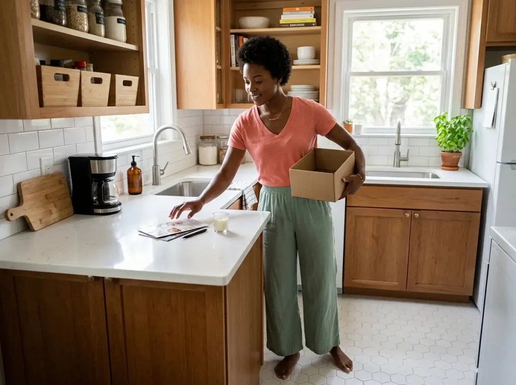 African American woman in organized kitchen doing a quick monthly reset scan, 10-minute check