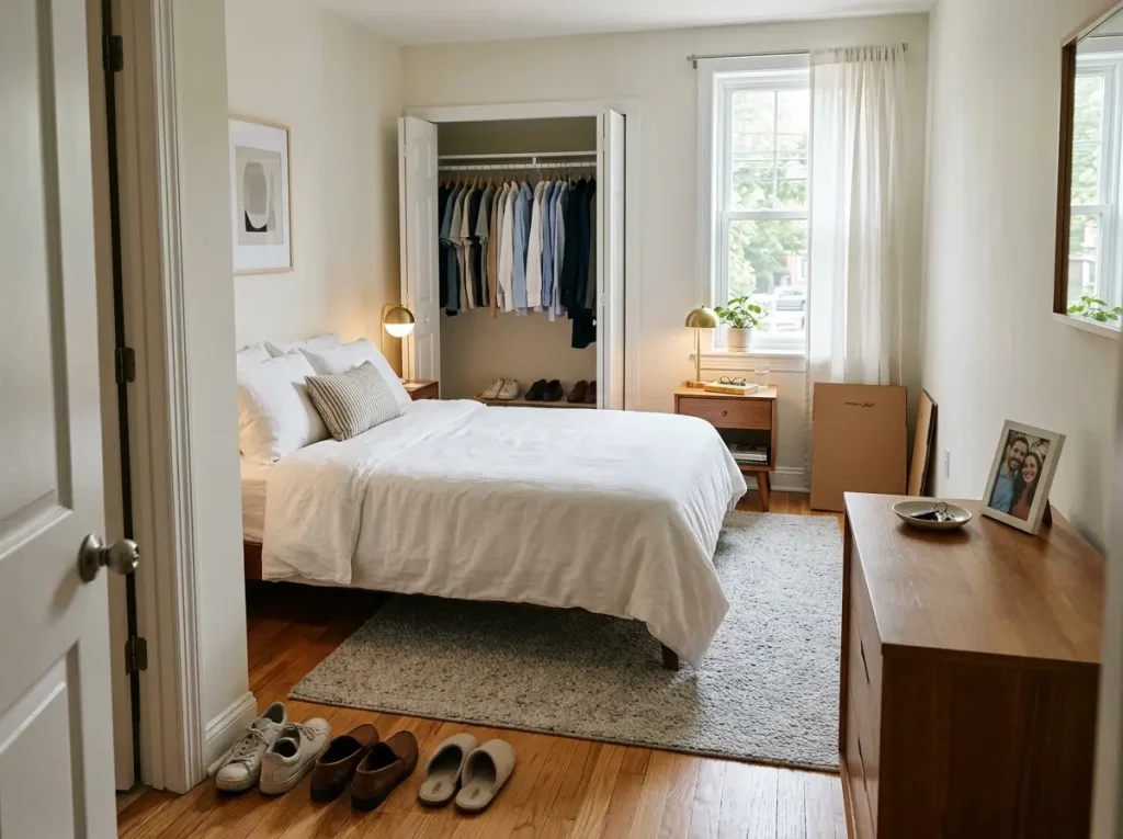 Why Your 30-Day Decluttering Challenge Fails by Day 15 4 Organized bedroom after Week 3 declutter, cleared nightstand and open closet visible