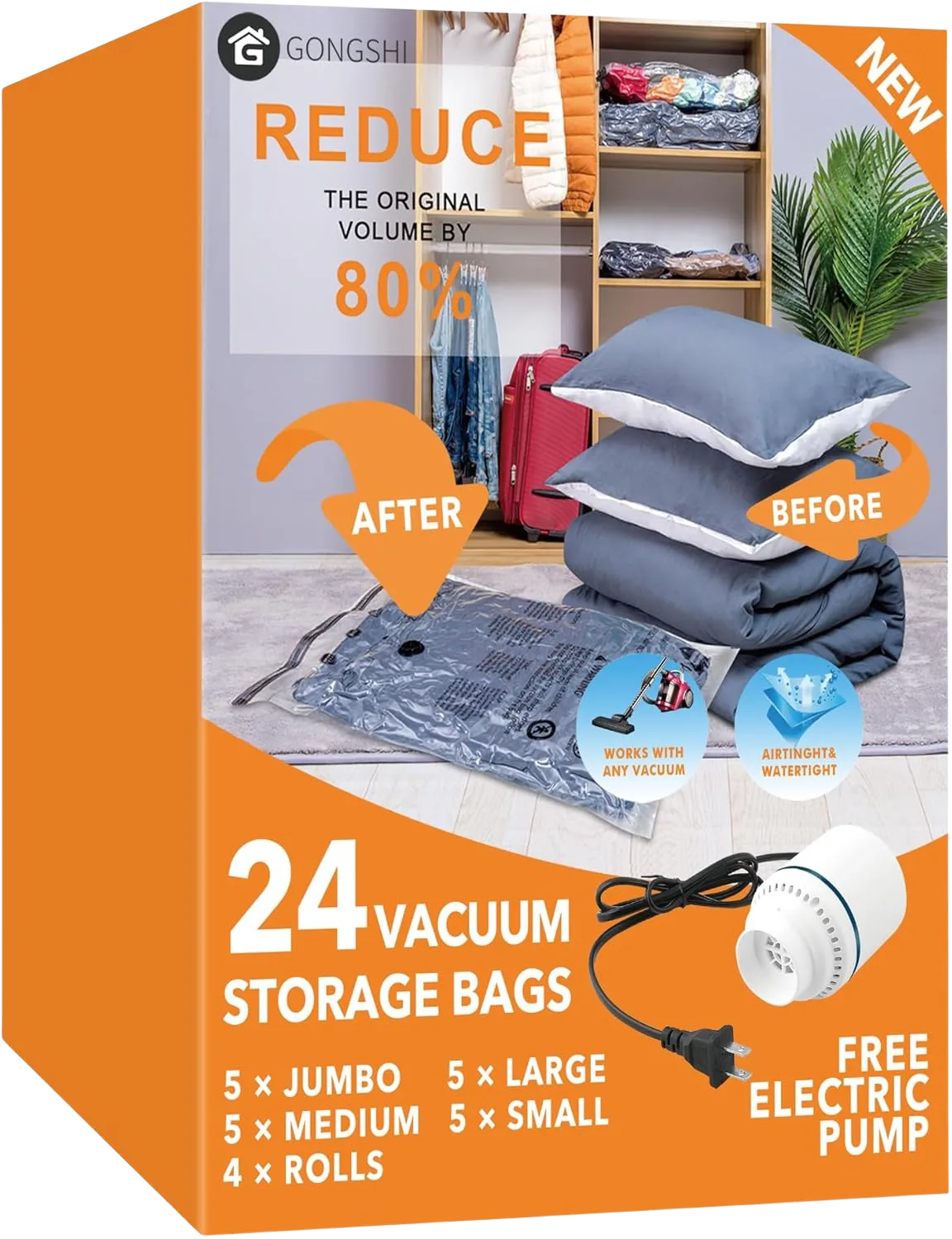 GONGSHI 24-Pack Combo Vacuum Storage Bags with electric pump