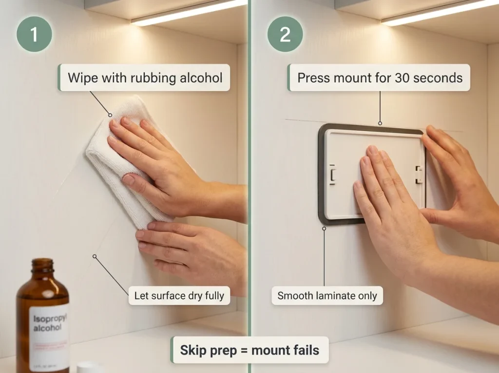 Close-up step sequence showing hands wiping cabinet interior with rubbing alcohol cloth then pressing adhesive pull-out mount onto laminate surface