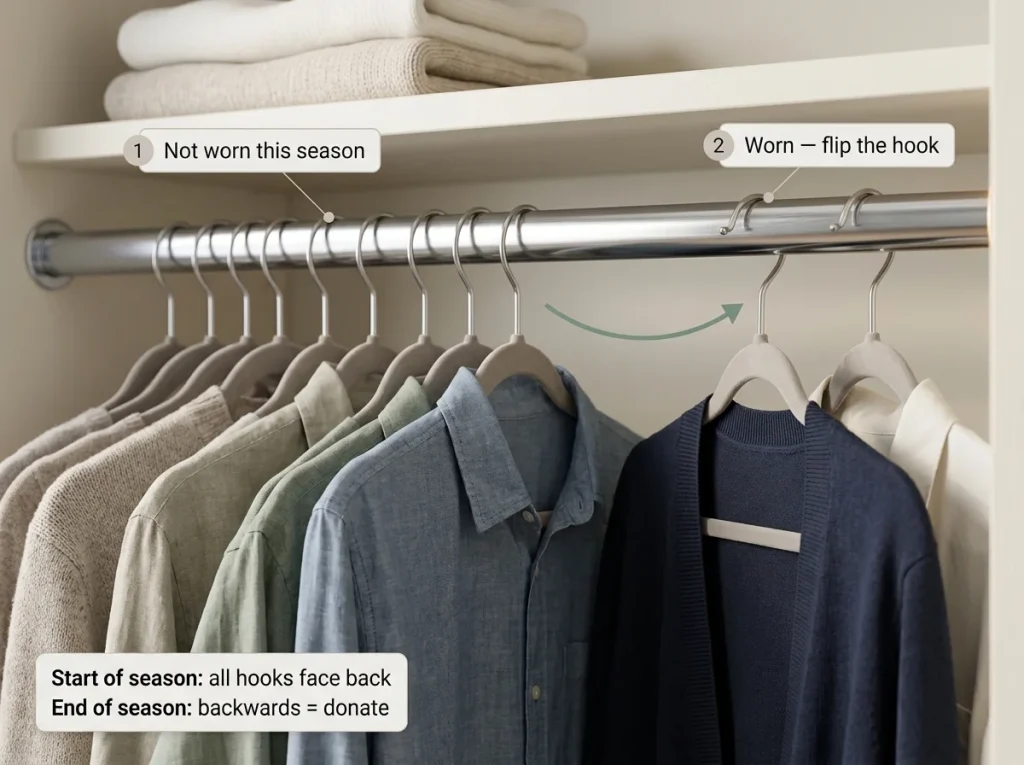 Close-up photo showing backwards hangers on a closet rod with two flipped forward, illustrating the worn-vs-unworn wardrobe audit trick with directional labels.