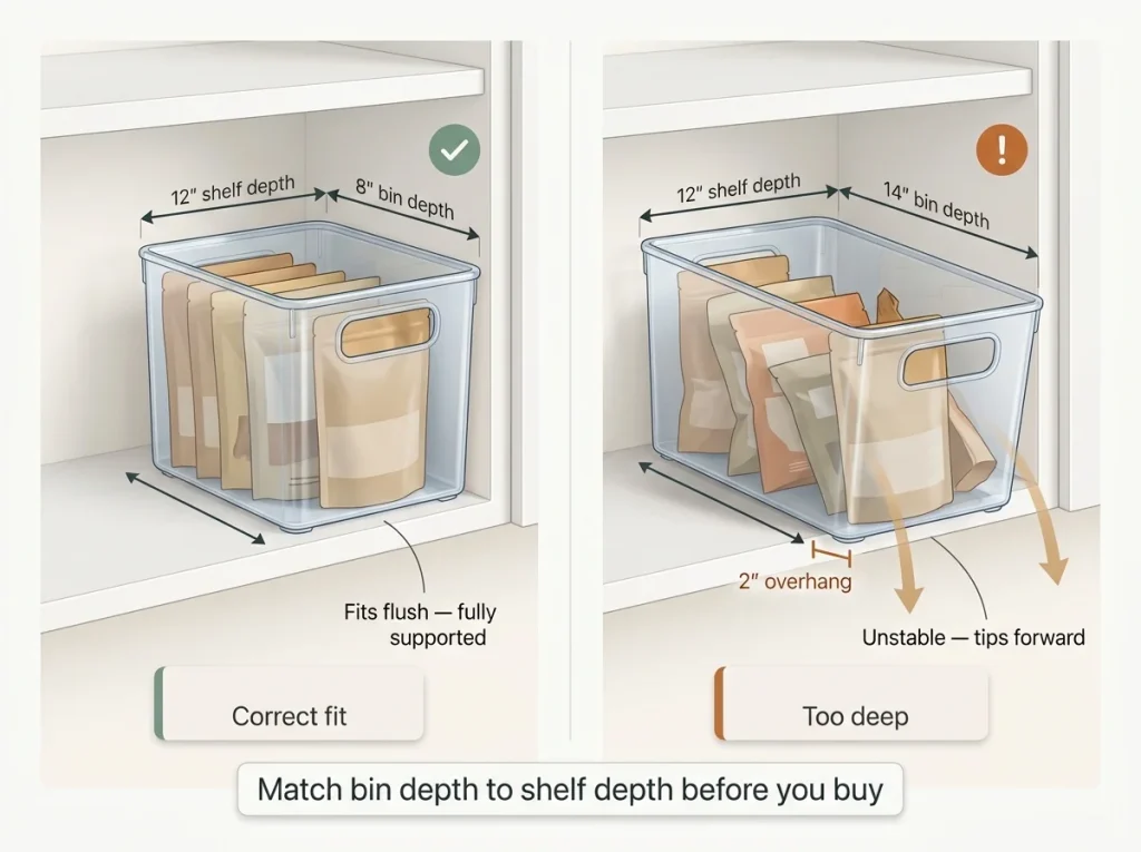 Infographic showing correct vs. oversized bin placement in a 12-inch upper cabinet with depth labels and tipping warning