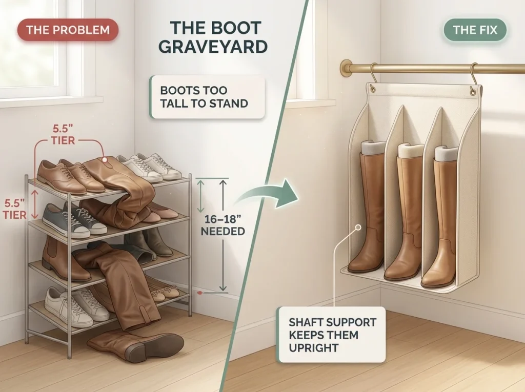 Shoe Storage Ideas for Small Spaces, Room by Room 10 Comparison showing collapsed boots on a too-short shoe rack versus boots stored upright with shaft support, illustrating clearance math