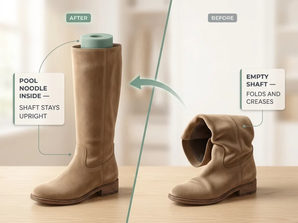 How to Organize Shoes in a Closet That Won't Pile Up Again 8 Side-by-side close-up of two tall boots, one held upright by a cut pool noodle and one slumped and creased at the ankle
