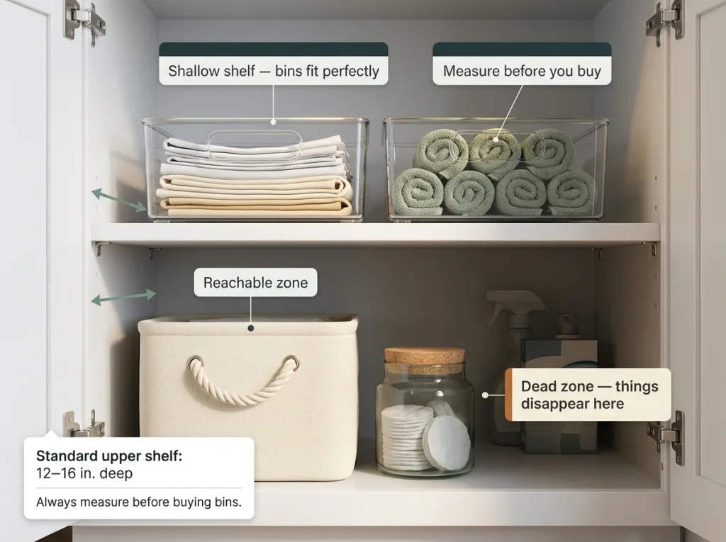 Close-up editorial photo of an open cabinet showing labeled bins on a shallow upper shelf and a shadowed deep lower shelf dead zone with measure-first annotations.